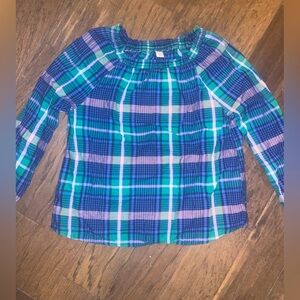 Old Navy Blue and Green Plaid Blouse with Gathered Neckline